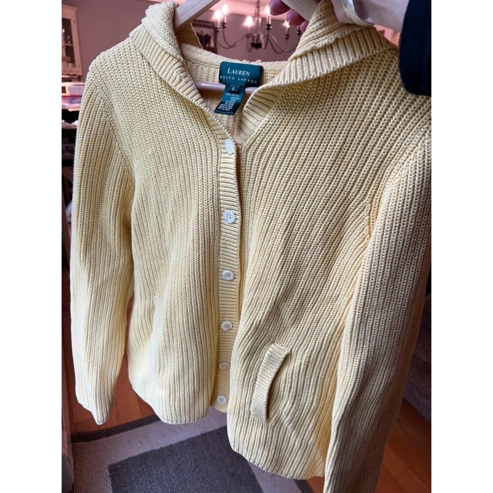 Lauren Ralph Lauren Butter Yellow 100% Cotton Heavyweight Knit Hooded Cardigan